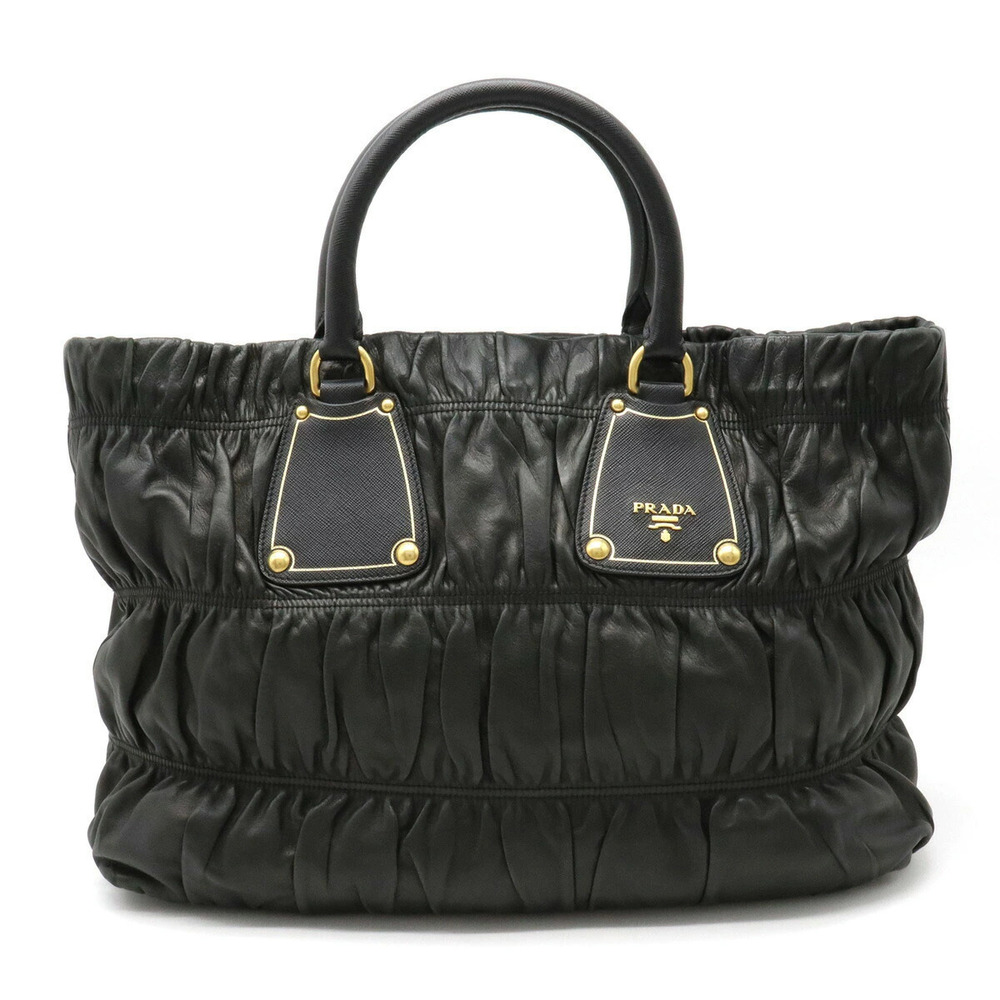 Prada Gathered Tote Bag Handbag Leather NERO Black
